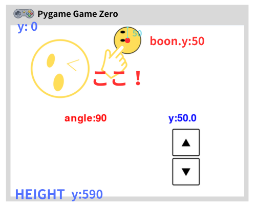 pythonしよう！動き03：boonが上端に触れるy座標