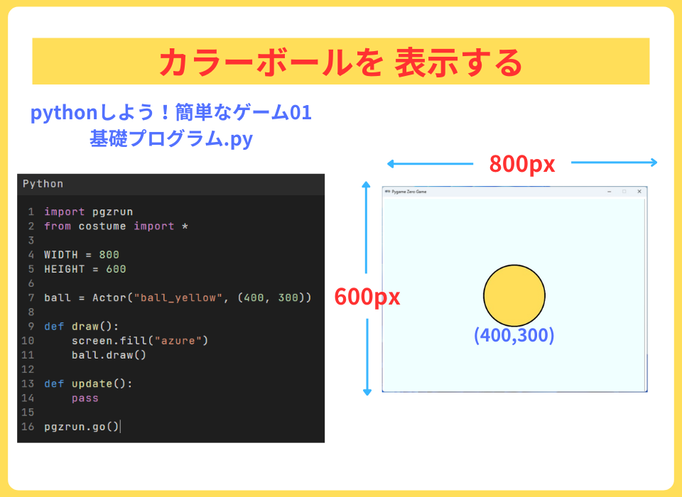 pythonしよう!簡単なゲーム01:カラーボールを表示する