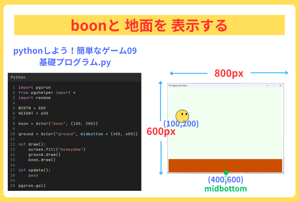 pythonしよう！簡単なゲーム09：boonと地面を表示する