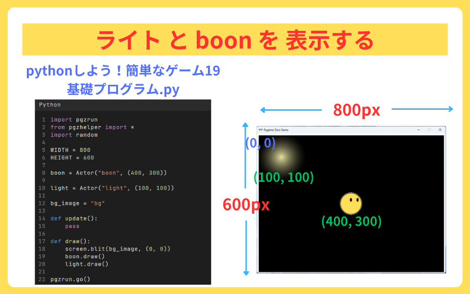 pythonしよう!簡単なゲーム19:ライトとboonを表示するを解説
